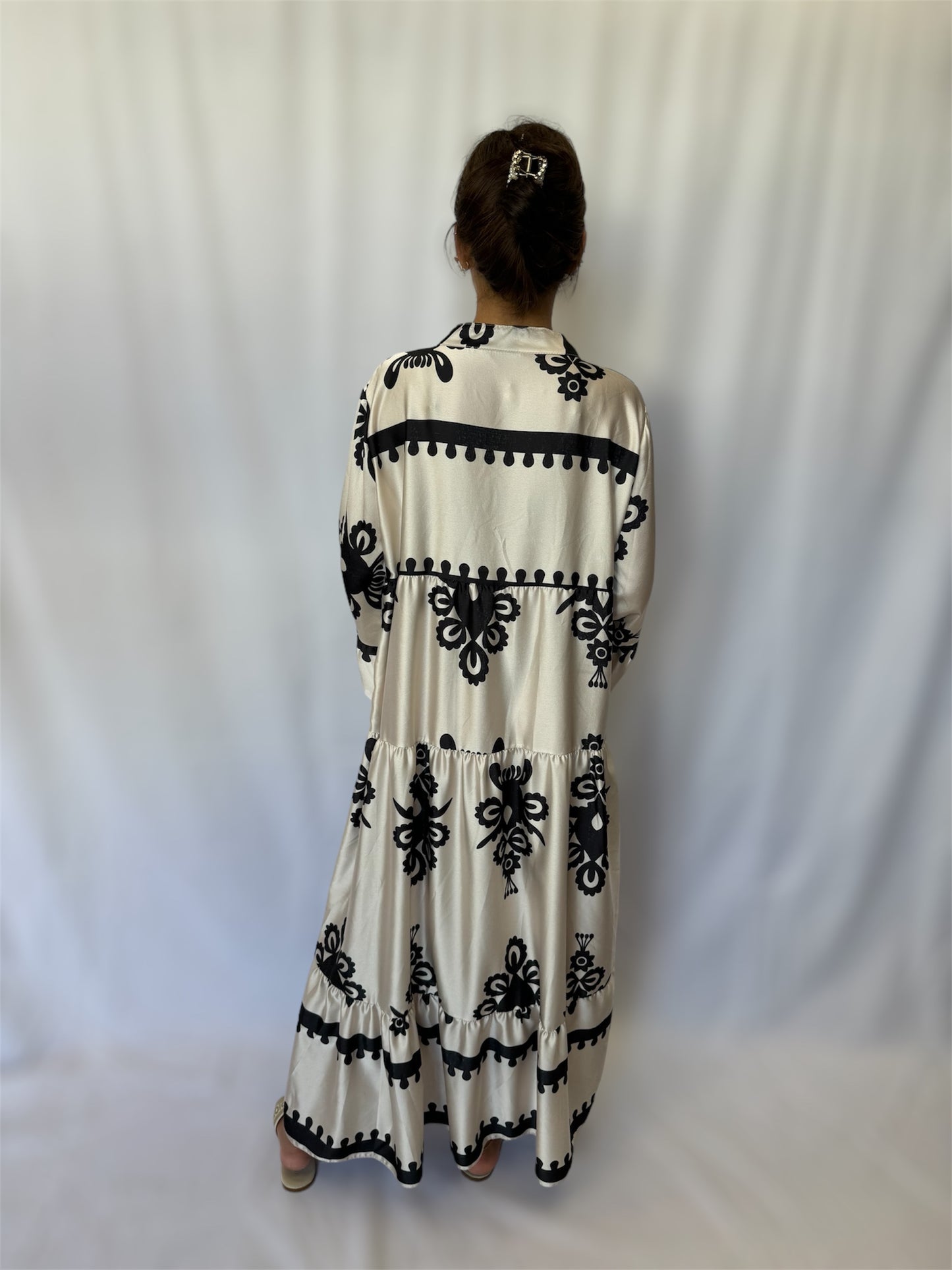 Long flowy printed satin dress