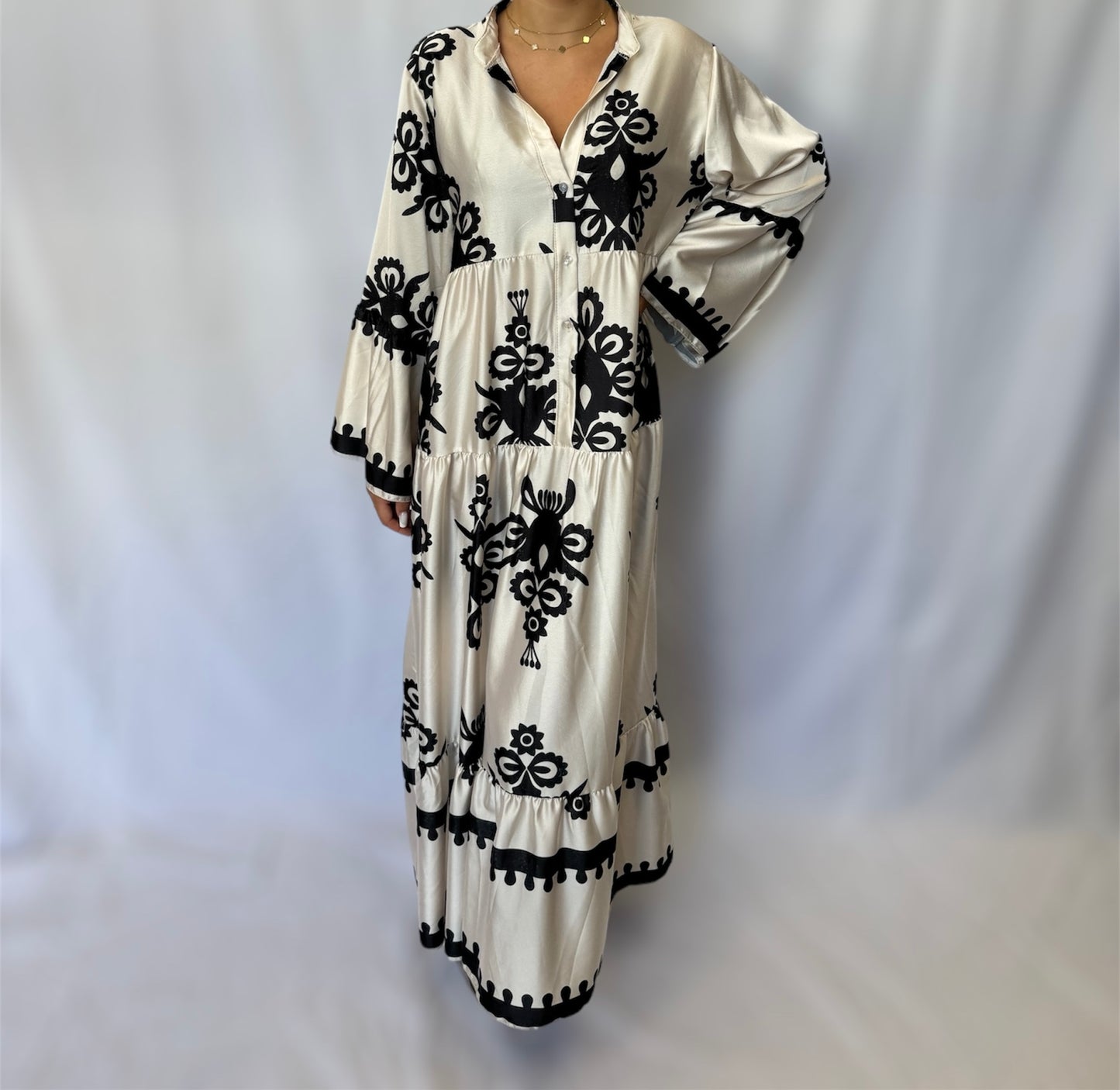 Long flowy printed satin dress