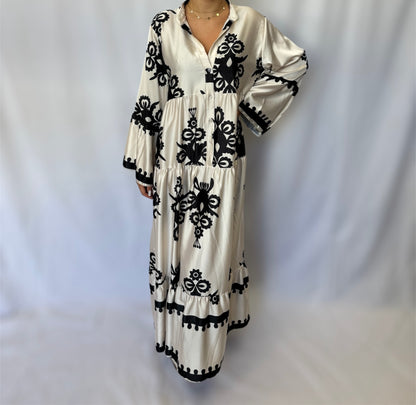 Long flowy printed satin dress