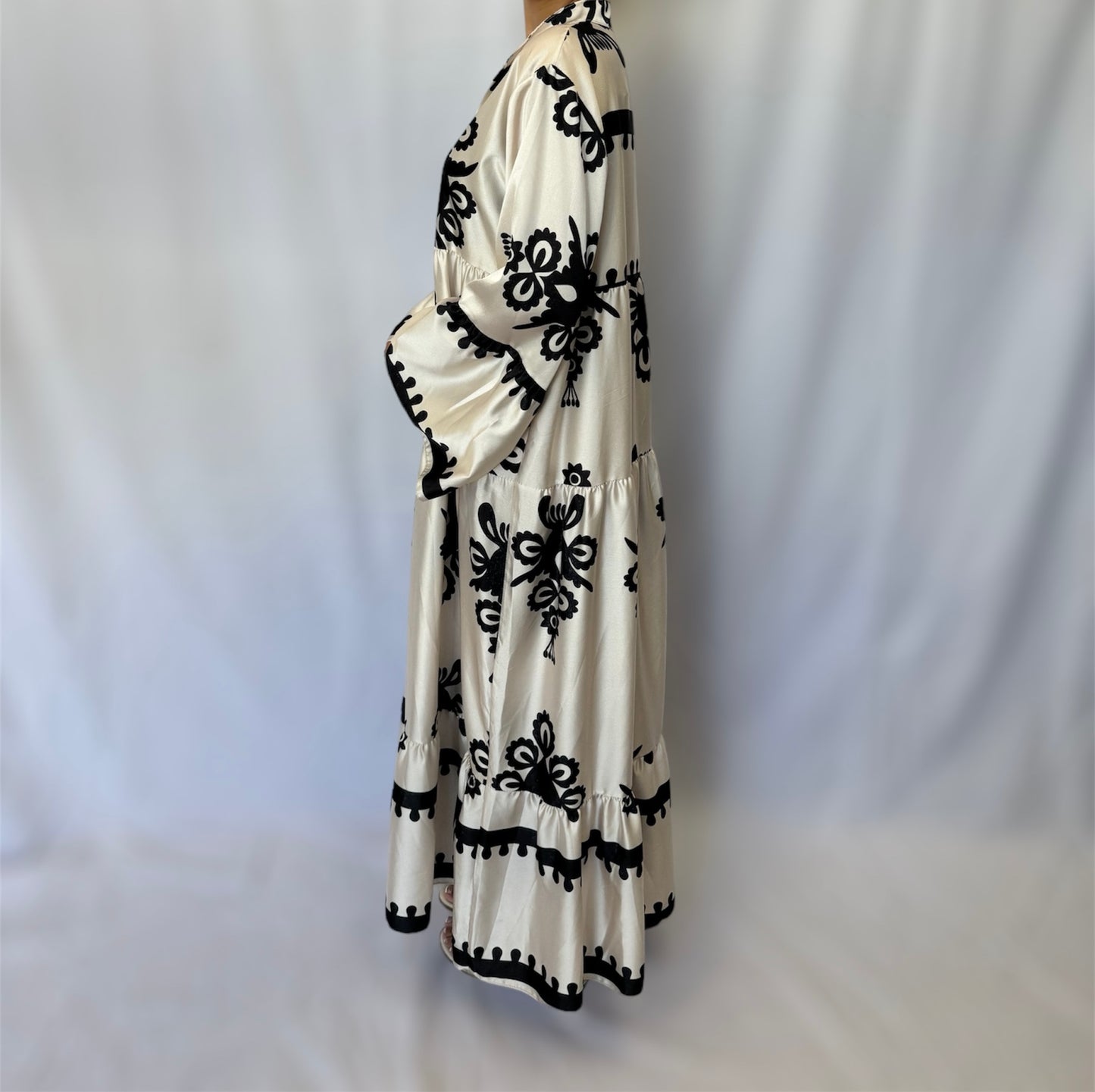 Long flowy printed satin dress